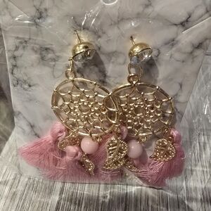 Gold and Pink Dreamcatcher Tassel Earrings - Women Jewelry